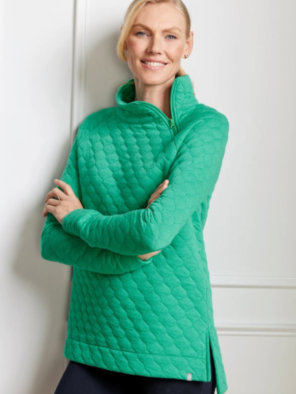 Talbots Kelly Green Asymmetrical Zip Quilted Pullover Fall Transition Outdoor M